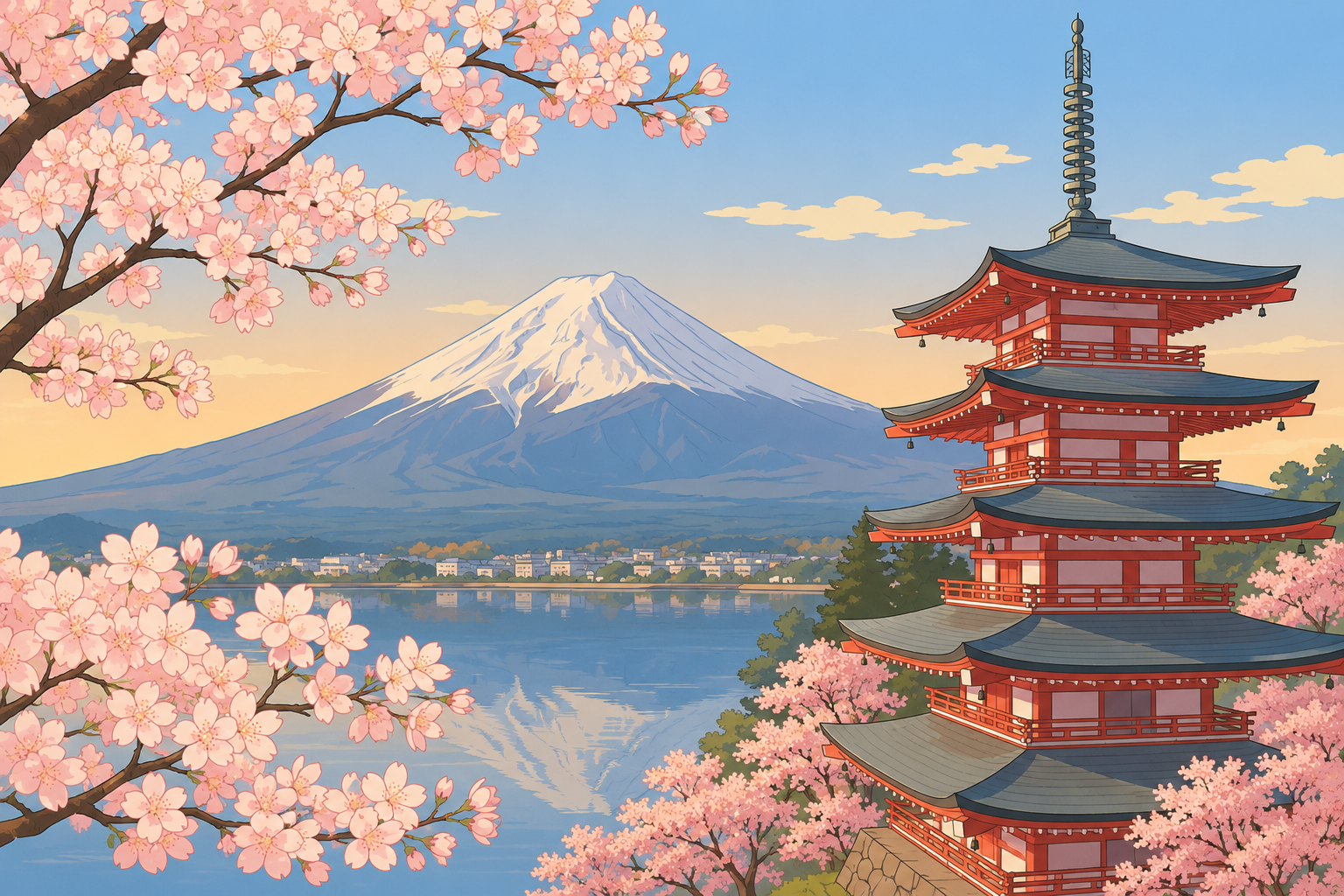Cinematic view of Mount Fuji with a traditional pagoda and cherry blossoms - Japan Travel Guide